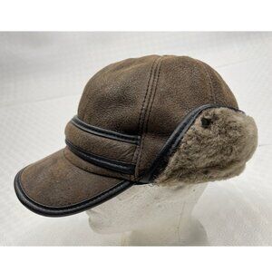 Paul Leinburd Crowncap Shearling Leather Aviator Trapper Earflap Brown Hat Large
